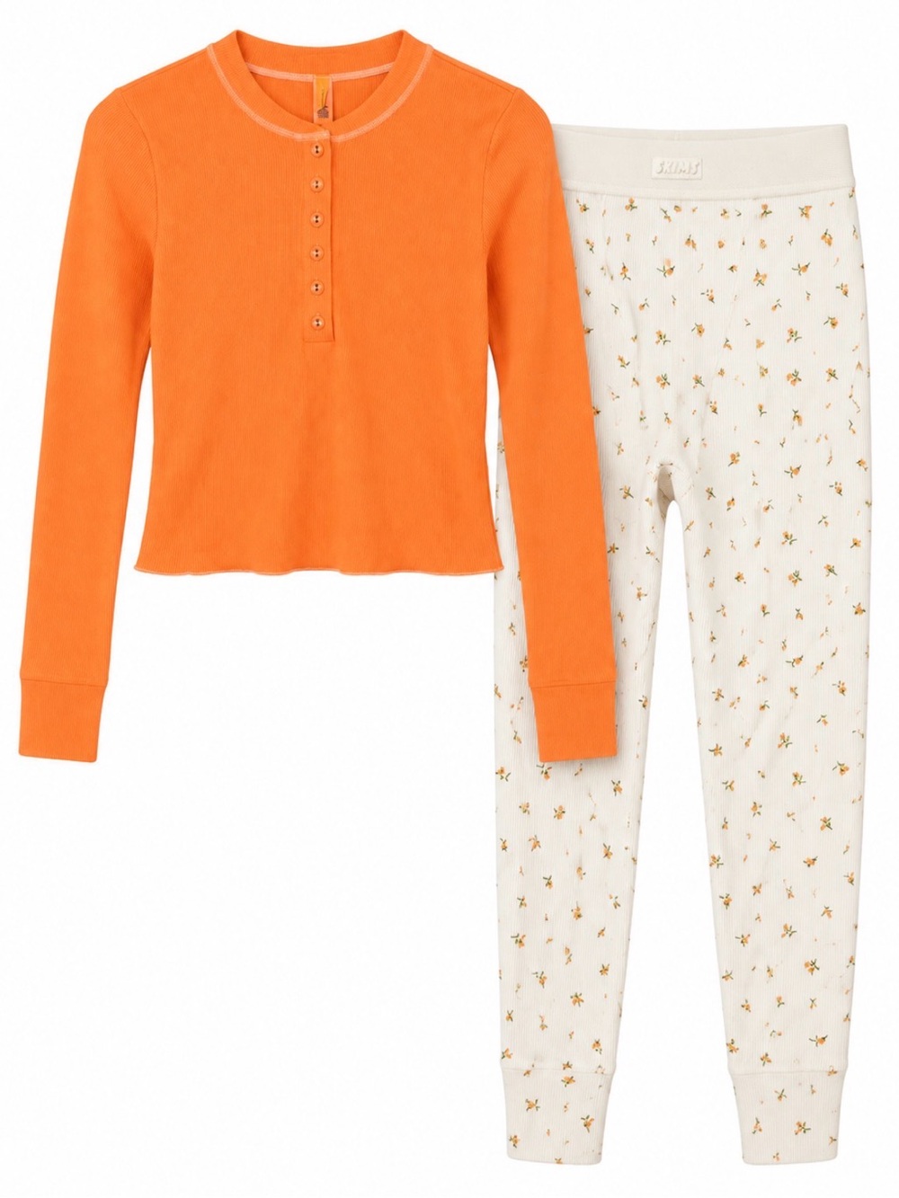 SKIMS Orange Henley Top with Cream Floral Pajama Leggings